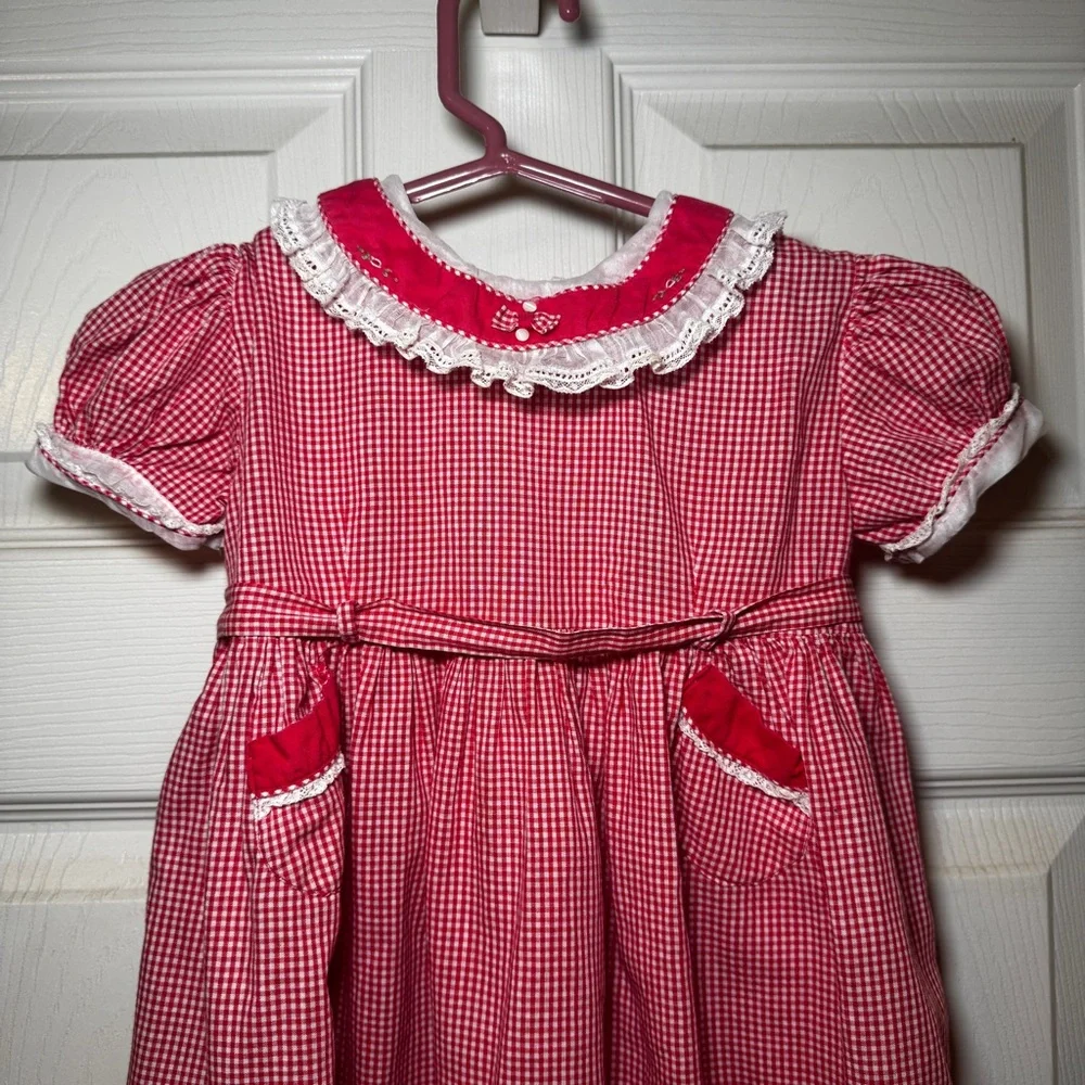 Vintage 1950s Mastro Red Gingham Girls Dress with Lace & Organza Trim